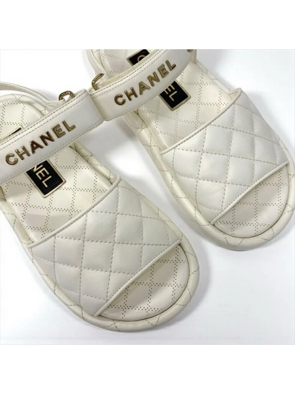 Chanel Sandals Shoes Leather White Gold Quilted Coco Mark Logo Velcro - Picture 10 of 10